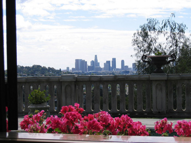 View of downtown Los Angeles from inside the pool house at The Villa Sophia